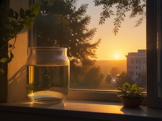 A glass of water on the windowsill against the background of the sunset generated by ai