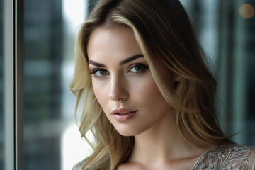 Obraz premium Closeup portrait of a young beauty woman. Scandinavian blonde woman with blue eyes. Hair salon commercial advertisement. Skin care, natural beauty.