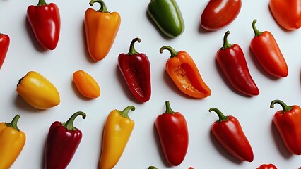Colorful peppers on white background, top view. Vegetable pattern
