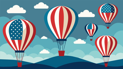 A dramatic display of hot air balloons flying in formation their flags proudly flying in unison to represent the strength and unity of the American. Vector illustration
