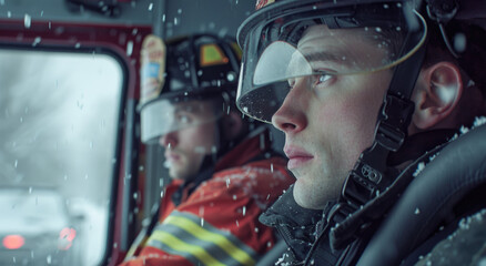 two firemen inside the cabin on an ice cold winter day, wearing black uniforms and helmets with reflective visors, one is driving while another sits in the passenger seat