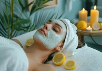 A woman in her late thirties is lying on the massage table with white towel, she has a facial mask and lemon slices near face