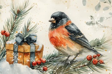 Winter Season Watercolor with Festive Bird, Holly Berries, and Gift Box