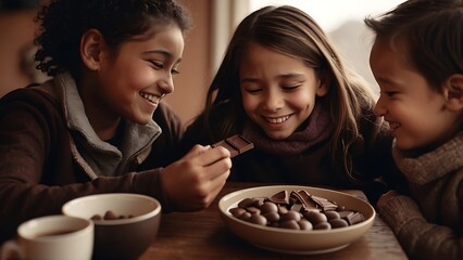 Cute little children eating chocolate at table in café, closeup