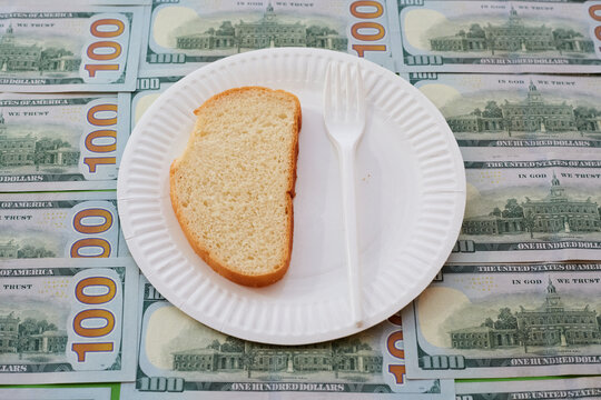A piece of bread on a white plate against the background of dollar bills, rising food prices, financial hunger, scanty nutrition, strict diet, meager ration