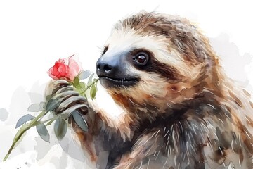 Fototapeta premium Watercolor Illustration of a Cute Sloth Holding a Rose