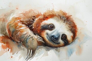 Fototapeta premium Watercolor Painting of a Cute Sloth Resting Leisurely