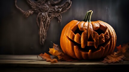 Halloween Pumpkin: Wooden Background Sets Stage for Festive Celebration