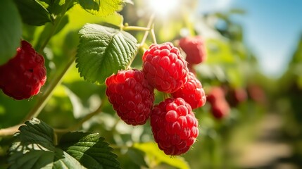 Summer Harvest: Raspberries on Plant in Orchard on Sunny Day