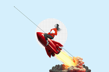 Art collage. Launch of a red rocket with a smiling business woman. Successful start up concept....