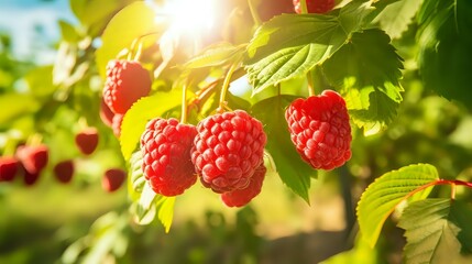 Sunny Orchard Scene: Ripe Red Raspberries on Raspberry Plant