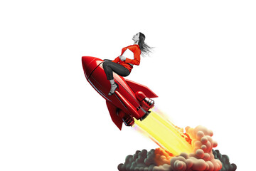Art collage. Launch of a red rocket with a smiling business woman, isolated on free png background....