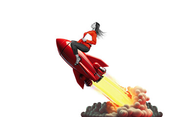 Art collage. Launch of a red rocket with a smiling business woman, isolated on free png background. Successful start up concept. Leadership, leading to success or business vision concept.