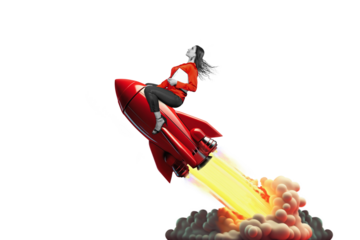 Art collage. Launch of a red rocket with a smiling business woman, isolated on free png background. Successful start up concept. Leadership, leading to success or business vision concept.