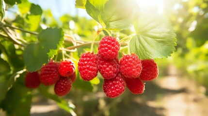 Raspberry Delight: Ripe Red Berries on Plant in Sunny Orchard