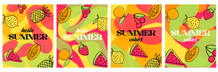Hello summer, Summer vibes! colorful banner design. Creative concept for a set of summer bright and juicy cards. Modern abstract artistic design with flowing shapes, fruits and berries. Templates for 