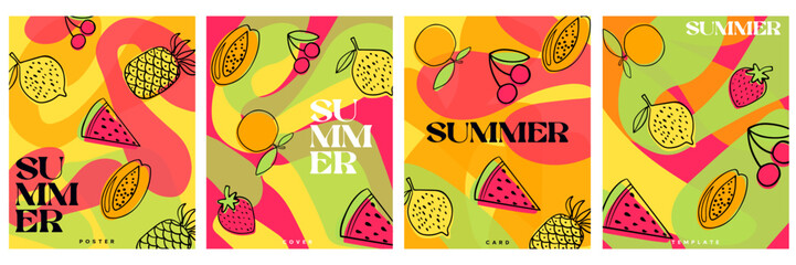 Creative concept for a set of summer bright and juicy cards. Modern abstract artistic design with flowing shapes, fruits and berries. Templates for holiday, advertising, branding, banner, cover, label