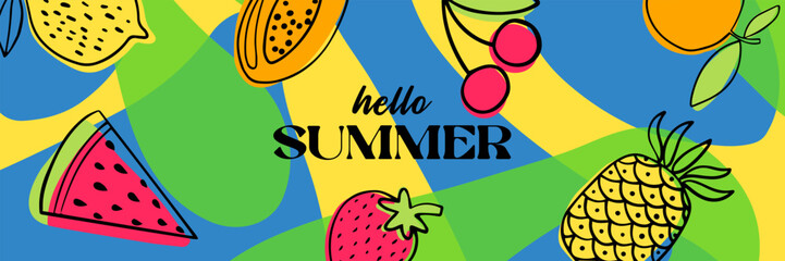 Hello Summer сolorful banner design. Horizontal poster, greeting card, website header, label or flyer. Modern abstract art design with fruits and berries, geometric shapes and wavy bold lines