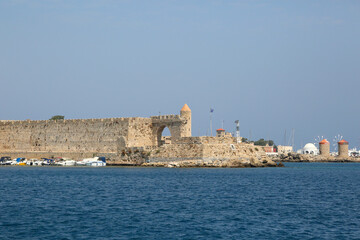View from the sea to the fortress of the city of Rhodes, Greece.