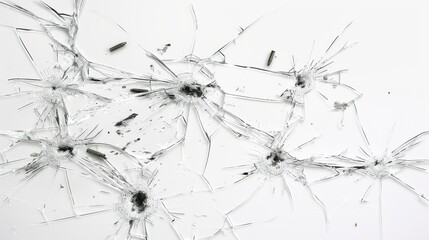 Broken Glass Texture: A Captivating Abstract Pattern of Cracks and Bullet Marks on a White Background - Perfect for Conceptual Designs and Creative Projects.