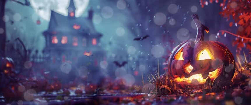 Pumpkin decorations for Halloween. Silhouette dead tree at night for Halloween background. Anamorphic video.
