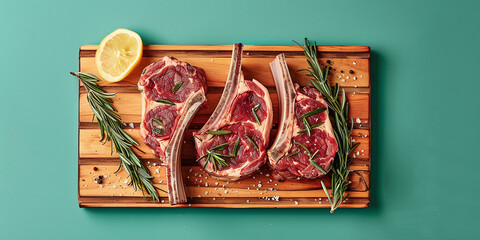 raw lamb chops on a wooden board on a turquoise background