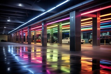 Naklejka premium An Intricate Underground Parking Structure Illuminated by a Network of Multicolored LED Lights Reflecting on the Polished Concrete Surface