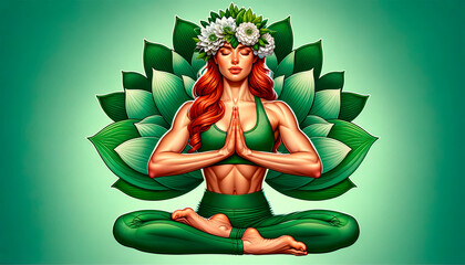 woman in lotus pose surrounded by lotus petals, in vivid greens, symbolizing tranquility and balance, ideal for wellness brands and spaces with copy space - obrazy, fototapety, plakaty