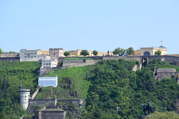 Fototapeta na wymiar view down the Mosel to the Rhine with Festung Ehrenbreitstein 04/24