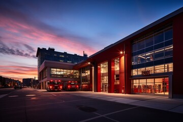 A Vibrant Red Fire Station Building at Dusk, Illuminated by Street Lights, with Fire Trucks Parked Ready for Duty