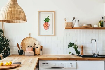 Bright and stylish kitchen scene with a whimsical pineapple poster adding a tropical touch