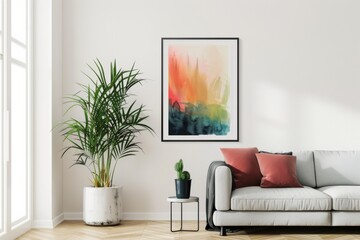A vibrant abstract painting adding a pop of color in a contemporary living room setting with...