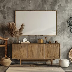 An expansive blank canvas commanding attention in a modern interior with a rustic wooden buffet and decor