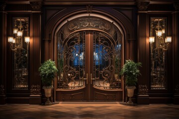 Fototapeta premium Elegant Cigar Lounge Entrance with Rich Mahogany Doors, Detailed Ironwork, and Soft Ambient Lighting