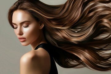 Obraz premium Elegant woman with long, flowing wavy hair styled gracefully, dressed in black attire with soft glam makeup