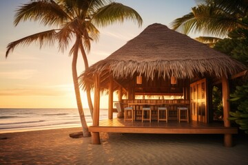 Fototapeta premium A Tranquil Evening at a Tiki Hut on a Tropical Beach, with Palm Trees Swaying in the Breeze and the Sun Setting Over the Ocean