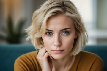 Fototapeta premium An adult woman sits in a psychotherapist's office and discusses her problem. Close-up portrait of a woman in a psychologist's office. Counseling about problem at therapy session.