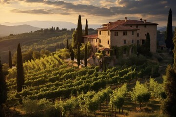 A Majestic Renaissance Villa Nestled in the Heart of a Lush Italian Vineyard, Bathed in the Warm Glow of a Setting Sun