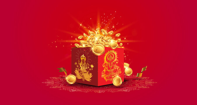 Akshaya Tritiya background greeting card. Indian Festive offers Gift box, golden coins, money, jewellery, wealth on red background.