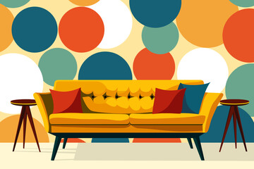 Vector illustration of a beautiful yellow sofa in a modern living room against the background of a colorful wall and wooden bedside tables along the edges. Soft yellow sofa in the room for design.
