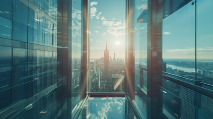 Sunrise city view through a glass building corridor.