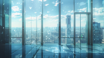 Modern office with panoramic cityscape view.