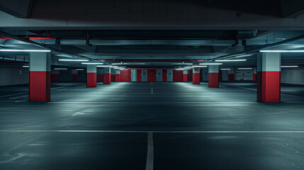Empty underground parking lot with red columns.