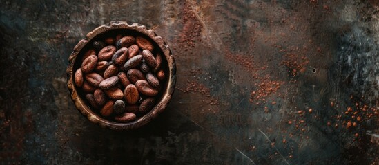 Flat lay composition featuring raw cocoa beans in a wooden bowl on an iron background, viewed from above.