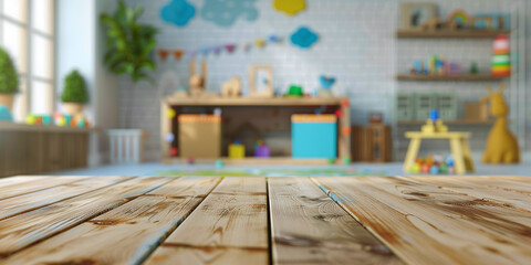Empty wooden table on blurred background of children's room with children's toys. Product presentation