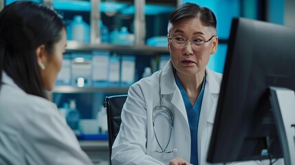 Asian Female Scientist Using Desktop Computer And Talking To Caucasian Male Doctor In Medical Hospital Research Lab. Colleagues Discussing Test Results Of Patients, Treatment Methods, Medication