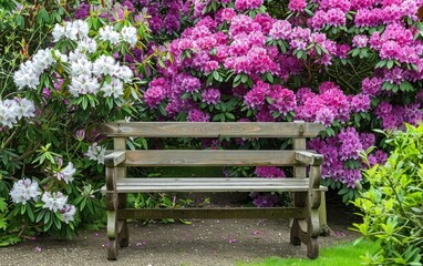 Serene Garden Bench Amidst Blooming Rhododendrons