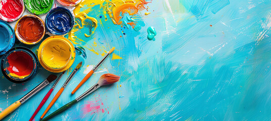 Vibrant Art Supplies with Paint Brushes and Colorful Strokes on Canvas