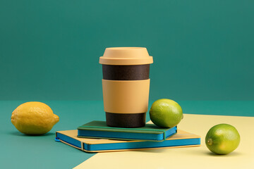Reusable cup with lid, yellow and green notebooks, lemon and lime on a yellow and green background