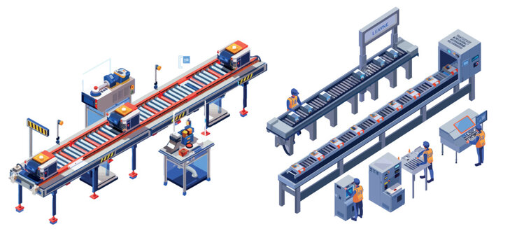 Modern illustration of factory automated conveyor line. Factory assembly line with workers on a conveyor.